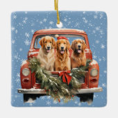 Golden Retriever Truck Trio Kerstmis Keramisch Ornament (Voorkant)