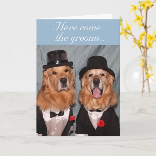 Golden Retriever Twee Bruidegoms Trouwen Kaart (Gele Bloem)