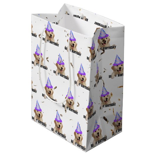 Golden Retriever verjaardag met confetti Medium Cadeauzakje (Achterkant Gekanteld)