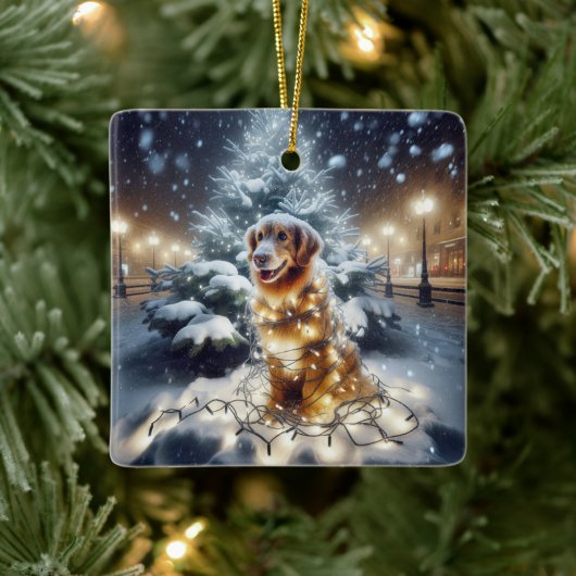 Golden Retriever verstrikt in kerstverlichting Keramisch Ornament (Boom)