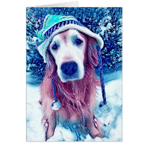 Golden Retriever Vibrant Blue Winter Wishes Art