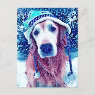 Golden Retriever Vibrant Blue Winter Wishes Art Briefkaart