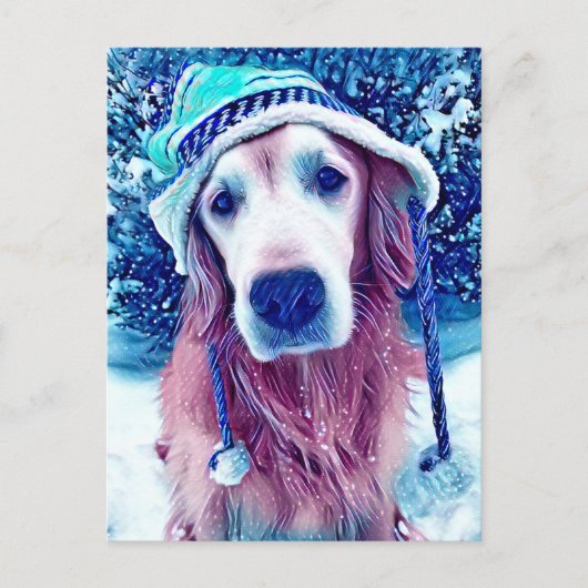 Golden Retriever Vibrant Blue Winter Wishes Art Briefkaart (Voorkant)