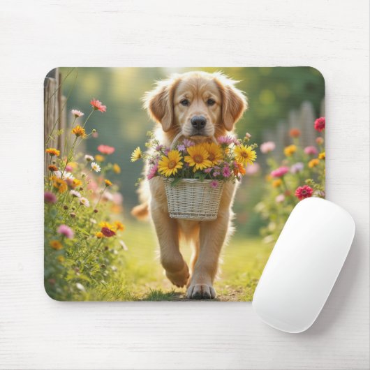 Golden Retriever wandelen met een bloemenmand Muismat (Met muis)