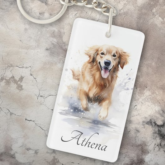 Golden retriever waterverf aangepaste naam tekst sleutelhanger