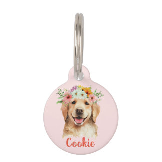 Golden Retriever Waterverf Flower Ronde Pet Tag Huisdierpenning