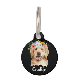Golden Retriever Waterverf Flower Ronde Pet Tag Huisdierpenning