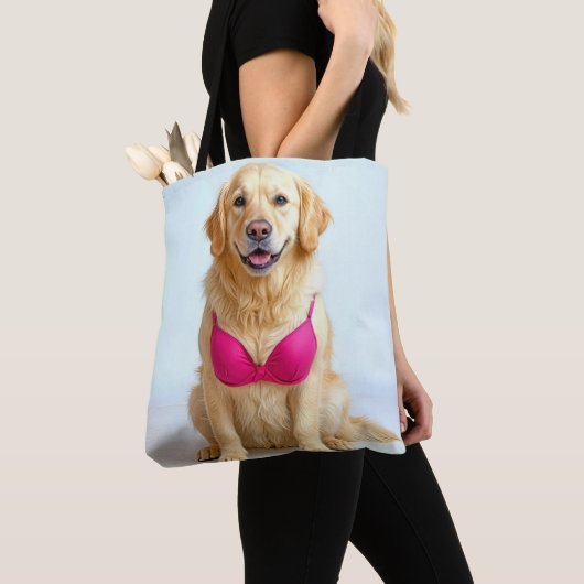 Golden Retriever Wearing a Pink Bra Tote Bag (Dichtbij)