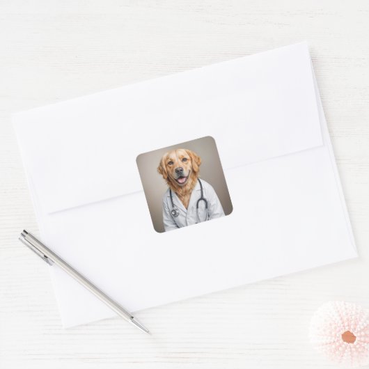 Golden Retriever Wearing a White Doctor's Coat Vierkante Sticker (Envelop)