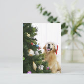 Golden retriever which watches Christmas tree Feestdagenkaart (Staand voorkant)