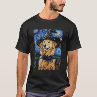 Golden Retriever Witch Costume Painting Starry Nig T-shirt