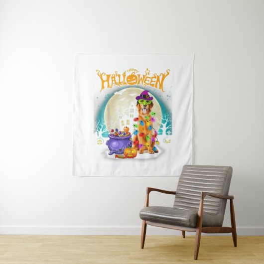 Golden Retriever Witch Costumes  Halloween Lights Wandkleed (In situ)