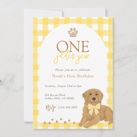 Golden Retriever Yellow Gingham eerste verjaardag Kaart (Voorkant)