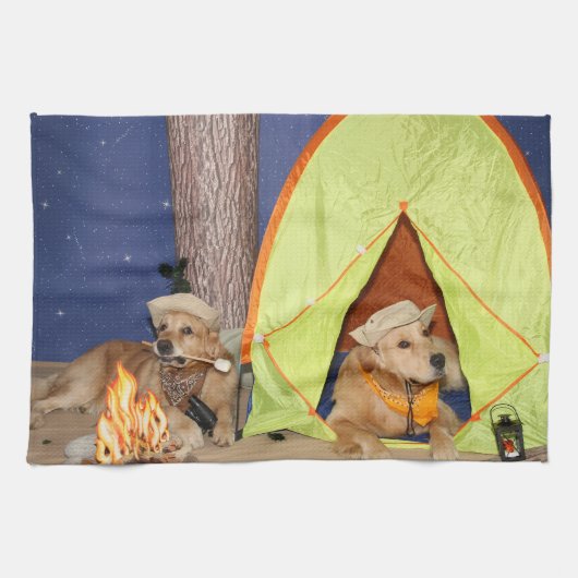 Golden Retrievers Camping Theedoek (Horizontaal)