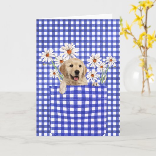 Golden Retrievers in Gingham Pocket Kaart (Gele Bloem)