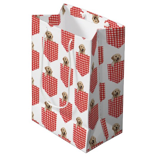 Golden Retrievers in Gingham Pocket Medium Cadeauzakje (Voorkant Gekanteld)