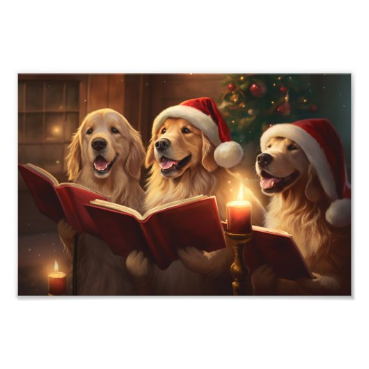 Golden Retrievers Kerstmis Caroling Vakantie Foto Afdruk (Voorkant)