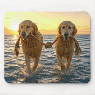 Golden Retrievers lopen met een geknoopte touw Muismat