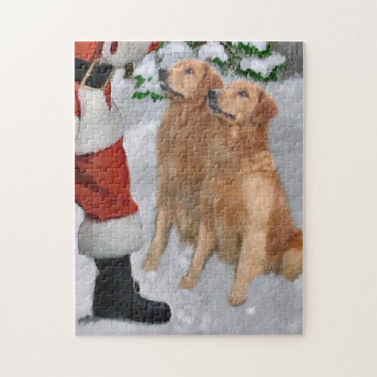 Golden Retrievers Ontmoet Santa Christmas Kaart Legpuzzel (Verticaal)
