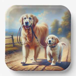 Golden Retrievers uit voor een wandeling Papieren Bordje
