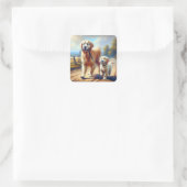 Golden Retrievers uit voor een wandeling Vierkante Sticker (Tas)