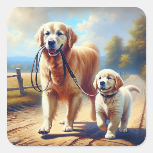 Golden Retrievers uit voor een wandeling Vierkante Sticker (Voorkant)