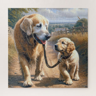 Golden Retrievers Wandelend op een Landelijke Weg Legpuzzel