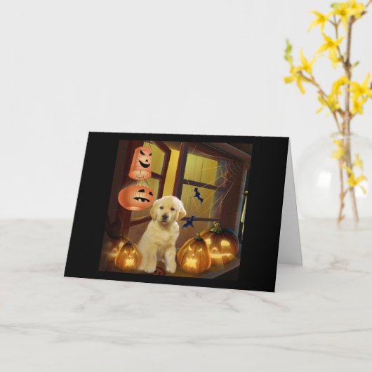 Golden Retriver Puppy Halloween Wenskaart Kaart (Gele Bloem)
