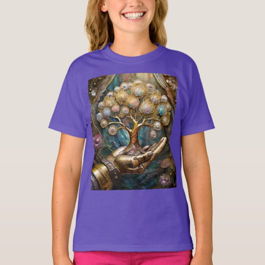 Golden Robot Hand Holding Gold Tree Of Life T-shirt (Voorkant)