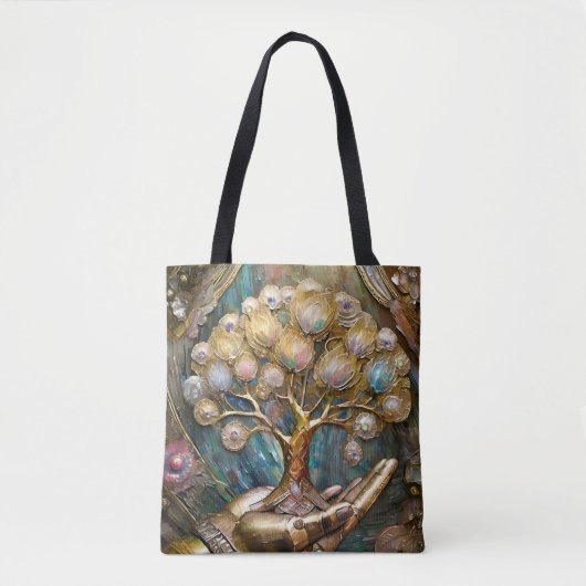 Golden Robot Hand Holding Gold Tree Of Life Tote Bag (Voorkant)