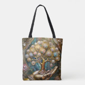 Golden Robot Hand Holding Gold Tree Of Life Tote Bag (Achterkant)