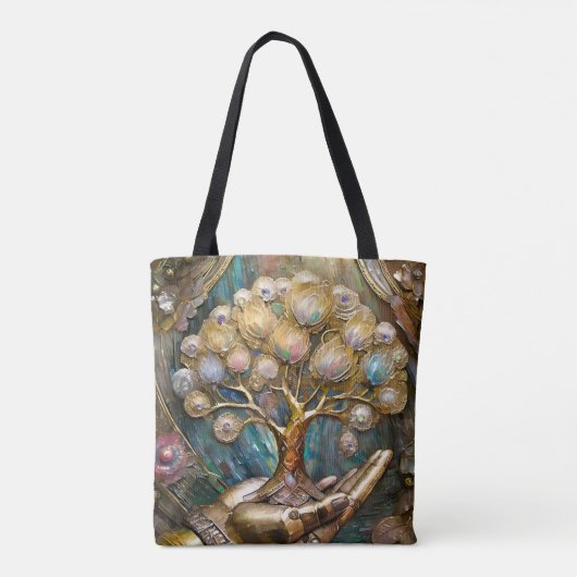 Golden Robot Hand Holding Gold Tree Of Life Tote Bag (Achterkant)