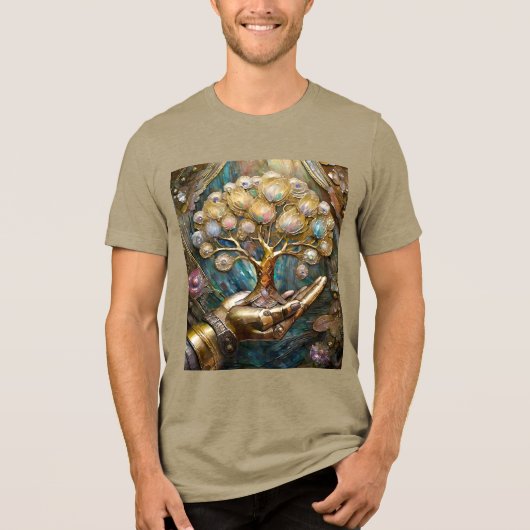 Golden Robot Hand Holding Gold Tree Of Life Tri-Blend Shirt (Voorkant)