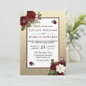 Golden Romantic Burgundy Floral Wedding Invite Kaart (Staand voorkant)