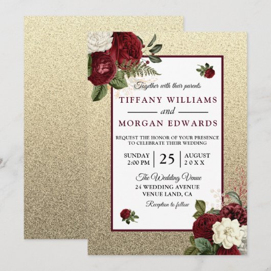 Golden Romantic Burgundy Floral Wedding Invite Kaart (Voorkant / Achterkant)