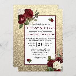 Golden Romantic Burgundy Floral Wedding Invite Kaart
