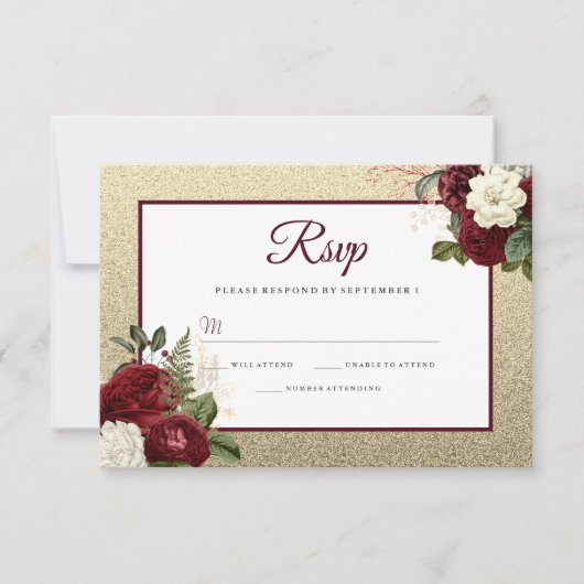 Golden Romantic Burgundy Floral Wedding RSVP Kaartje (Voorkant)