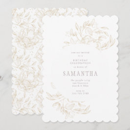 Golden Romantic Floral Birthday Invitation Kaart