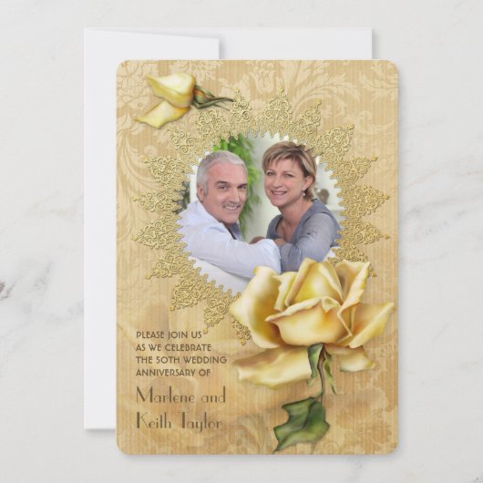 Golden Roos Damask 50th Wedding Jubileum Kaart (Voorkant)
