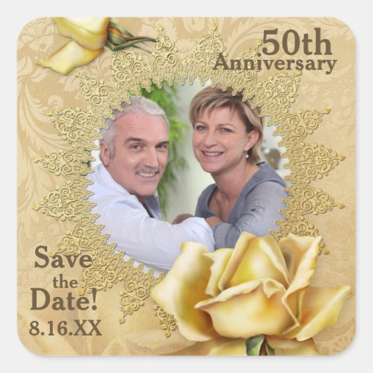 Golden Roos Damask 50th Wedding Jubileum Vierkante Sticker (Voorkant)