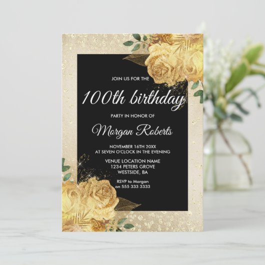 Golden Roos Glitter Floral 100th Birthday Party Kaart (Staand voorkant)
