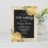 Golden Roos Glitter Floral 50th Birthday Invite Kaart (Staand voorkant)