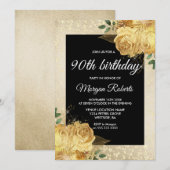Golden Roos Glitter Floral 90th Birthday Party Kaart (Voorkant / Achterkant)