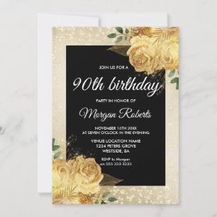Golden Roos Glitter Floral 90th Birthday Party Kaart