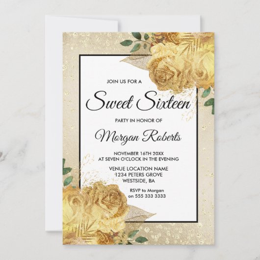 Golden Roos Glitter Floral Sweet 16 Invite Kaart (Voorkant)