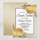 Golden Roos Glitter Floral Sweet 16 Invite Kaart (Voorkant / Achterkant)