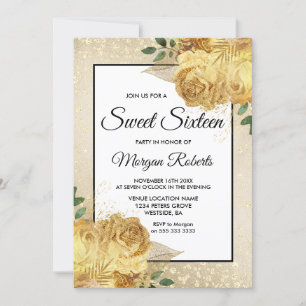 Golden Roos Glitter Floral Sweet 16 Invite Kaart