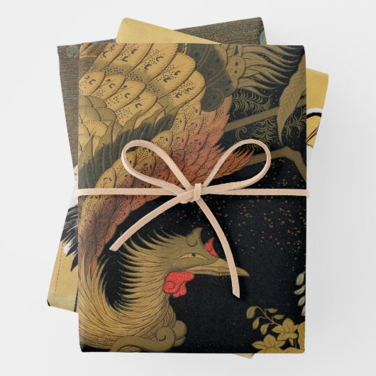 Golden Rooster Bird Japans Classic Antiek Inpakpapier Vel (In situ)