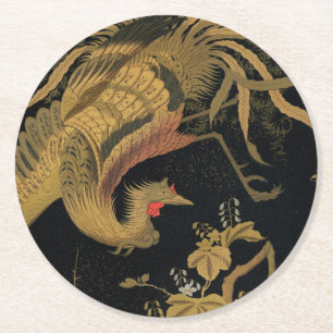 Golden Rooster Bird Japans Classic Antiek Ronde Kartonnen Onderzetter