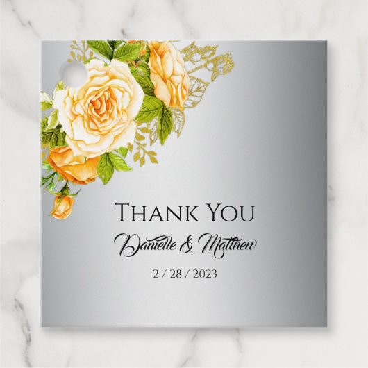 Golden Rose Boeket Zilver Bruiloft Labels (Voorkant)